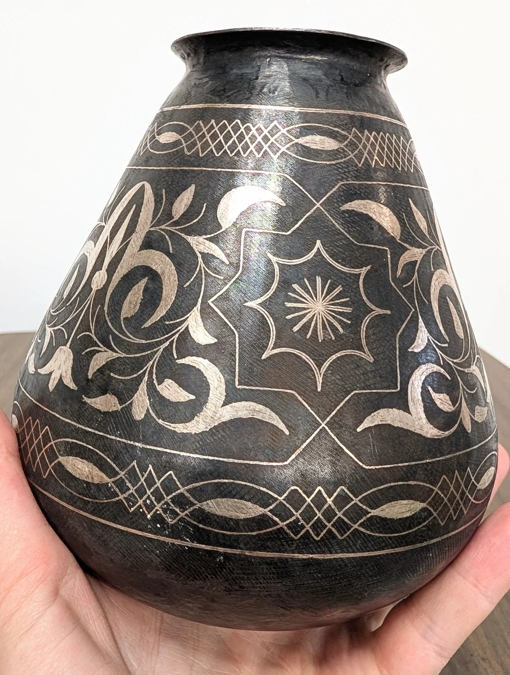 Antique Islamic Indo-Persian Bidriware Gray With Silver Koftgari Florals Vase